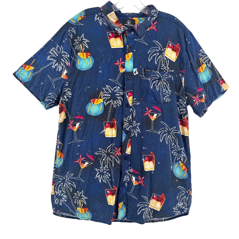 Volcom Mens XL Tropical Cocktail Palm Tree Print Button Down Shirt Navy Blue